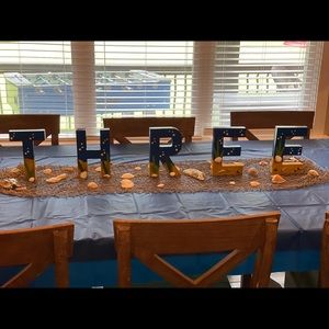 “T-H-R-E-E” under the sea ocean themed letters